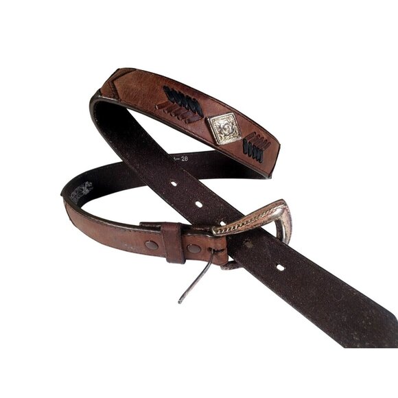 Nocona Western Genuine Leather Brown Belt Silver Buckle Embellishments Sz 28 - Picture 1 of 8